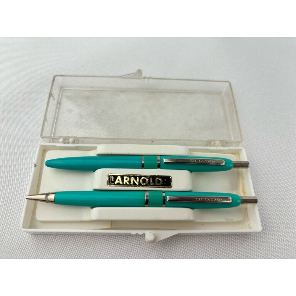 2‎ Vintage Arnold Pen & Pencil ? Combos Set USA Mint Green In Plastic Case